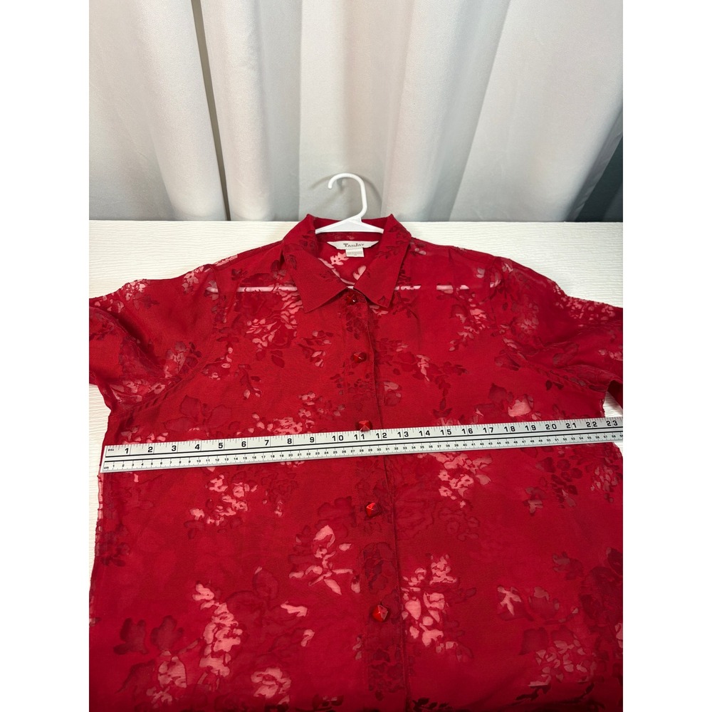 Tanjay Red Burnout Floral Button Front Blouse 3/4 Sleeve Size 14 WC0064 - Picture 5 of 5